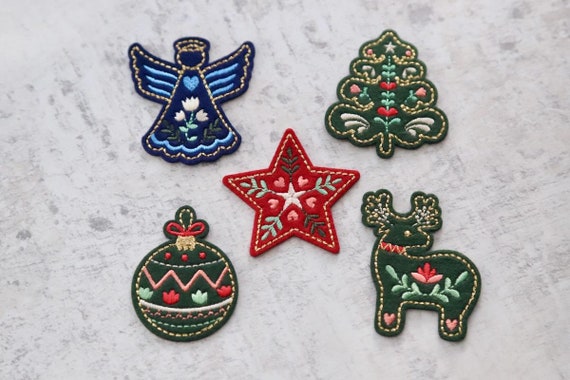 NEW! Christmas Patches - Iron on Embroidered Motifs - Deer, Star, Bauble, Tree,Angel