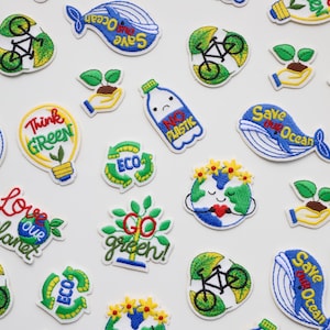 Environment Theme Patches - Recycle, Green Energy, Save our Ocean, No Plastic, Love Our Planet - Iron on Motifs image 1