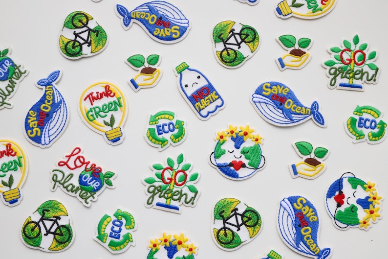 Environment Theme Patches - Recycle, Green Energy, Save our Ocean, No Plastic, Love Our Planet - Iron on Motifs image 1