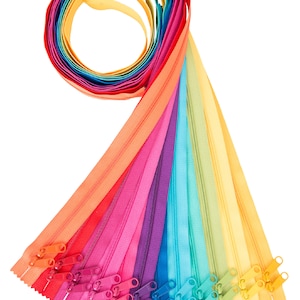 May include: A set of 12 colorful zipper tapes in a rainbow of colors, including orange, red, pink, purple, blue, turquoise, green, and yellow. The zippers are 30 inches long and have a metal slider. The text "ZIP30-BRIGHTS-12" and "www.ByAnnie.com" is printed on the bottom of the image.