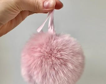 Baby Pink - Super Soft Fluffy Faux Fur Pom Pom for Hats and Craft - 11cm plus ribbon ties