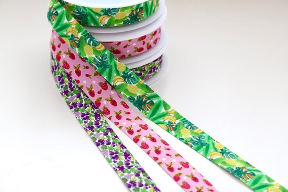 Fruit Print Bias Binding - Purple Figs/Grapes, Tropical Leaves/Bananas, Pink Raspberries - Peach Skin Soft Feel - 25mm Wide