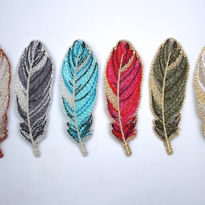 Iron on Embroidered Feather Motifs/Patches with Metallic Detail Copper/Olive Green/Turquoise/Bright Pink/Gold/Silver/Grey 7cm x 2.4cm.