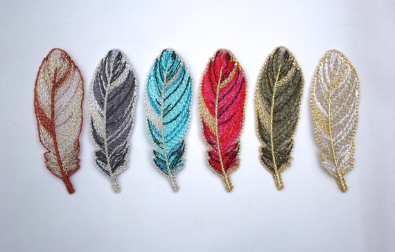 Iron on Embroidered Feather Motifs/patches With Metallic Detail  Copper/olive Green/turquoise/bright Pink/gold/silver/grey 7cm X 2.4cm. -   Australia