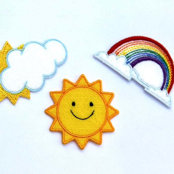 Iron On Embroidered Cloud Motifs/Patches - Rainbow and Cloud or Sun and Cloud Appliqué Patch - Great for Kids!