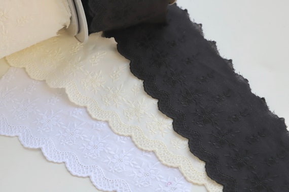 Exquisite Quality Broderie Anglais Eyelet Lace Trim 8.5cm in Black, White and Cream.