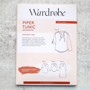 May include: A sewing pattern for a tunic called "Piper Boho Tunic" in sizes 0-24/30-54. The pattern includes three different views of the tunic, with variations in sleeve length and neckline. The pattern is printed on a white background with red and black text.