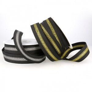 Double Sided Twill Ribbon with Woven Zip Effect Design 20mm Wide in Gold or Silver