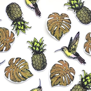 May include: A collection of embroidered iron-on patches featuring tropical motifs. The patches include pineapples, monstera leaves, and hummingbirds in shades of green, yellow, and gold.