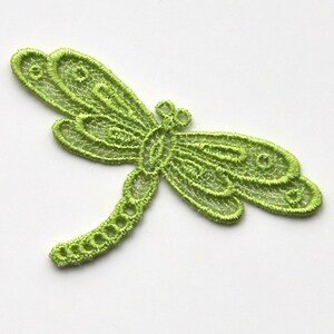 May include: A green lace dragonfly applique. This delicate embellishment is perfect for adding a touch of nature to crafts and sewing projects.