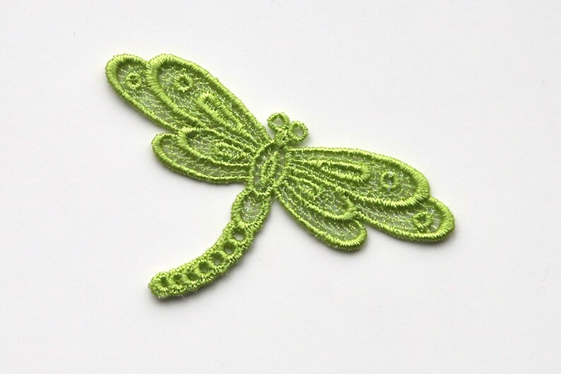 May include: A green lace dragonfly applique. This delicate embellishment is perfect for adding a touch of nature to crafts and sewing projects.