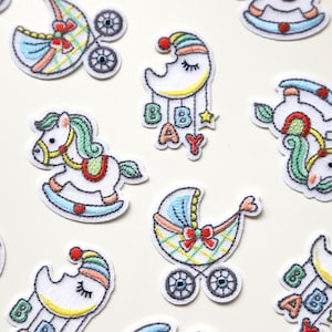Iron on Embroidered Woven Patches/Badges in Cute Nursery Designs - Moon Mobile, Pram, Rocking Horse - Baby Motifs bild 1