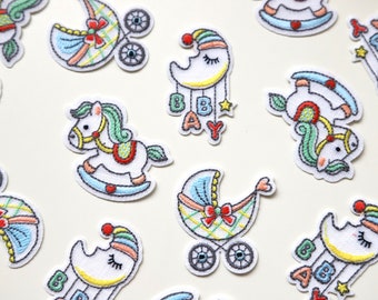 Iron on Embroidered Woven Patches/Badges in Cute Nursery Designs - Moon Mobile, Pram, Rocking Horse - Baby Motifs