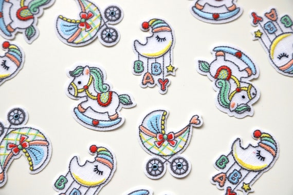 Iron on Embroidered Woven Patches/Badges in Cute Nursery Designs - Moon Mobile, Pram, Rocking Horse - Baby Motifs