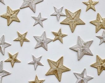 Étoiles métalliques dorées et argentées - Fer sur patchs - 3 cm, 3,5 cm, 4,5 cm