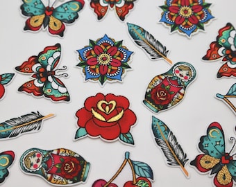 Tattoo Inspired Iron-on Patches - Rose, Russian Doll, Butterfly, Feather, Mandala, Cherries - Embroidered Motifs