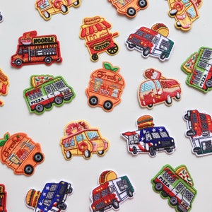 May include: A collection of colourful embroidered iron-on patches featuring various food trucks and carts. The patches depict different food items like pizza, hot dogs, noodles, and fresh produce. The patches are perfect for adding a fun and quirky touch to clothing, bags, or other accessories.