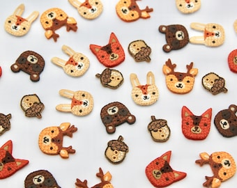 Novelty Embroidered Felt Animal Buttons - Woodland Buttons - Deer, Rabbit, Fox, Bear and Acorn
