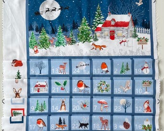 May include: A cotton fabric panel featuring a Christmas advent calendar design with a winter landscape scene at the top and numbered squares below. The print includes illustrations of robins, foxes, deer, a cottage, and Santa's sleigh.