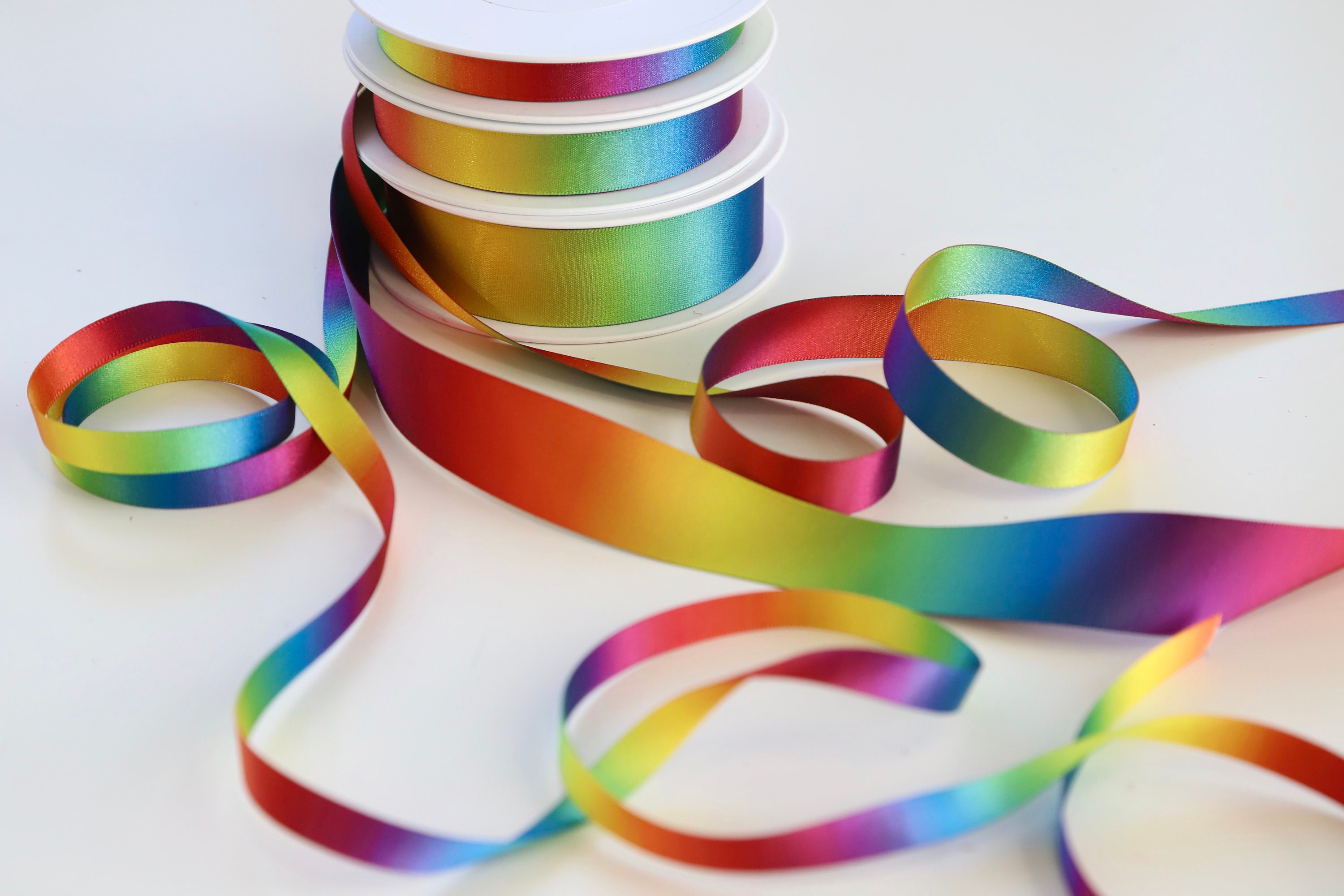 Ombré Rainbow Ribbon - 10mm, 15mm, 25mm - Satin Multicoloured Trim