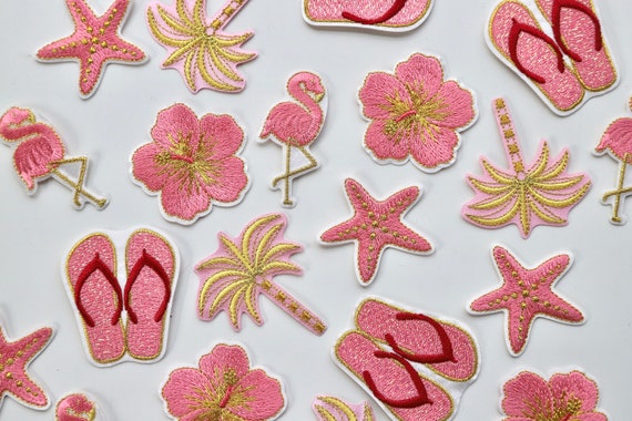 Summer Holiday Iron on Patches - Pink & Gold - Palm Tree, Flip Flops, Starfish, Flamingo, Hibiscus Flower - Embroidered Motif
