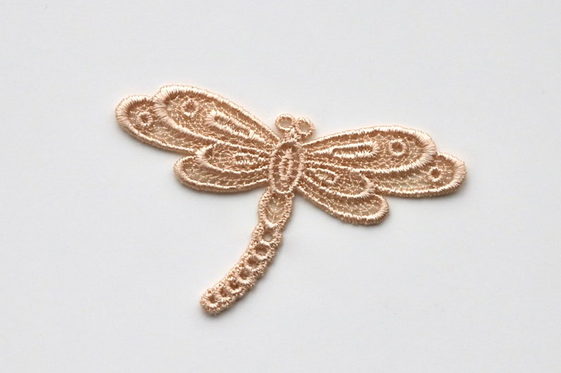 May include: A delicate, beige lace dragonfly applique. This intricate design features a detailed body and wings, perfect for adding a touch of whimsy to crafts and projects.