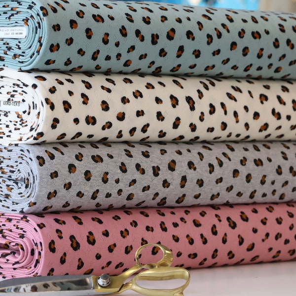 Leopard Print Pointelle Jersey - 100% Cotton Oekotex Fabric - Ivory, Grey, Pink, Green - Sold by Half Metre