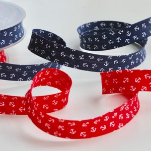 Anchor Print Bias Binding - Polycotton - Navy, Red - 20mm Wide