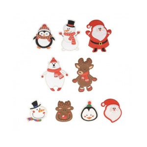 May include: Set of nine iron-on Christmas-themed patches featuring a snowman, penguin, reindeer, polar bear, and Santa Claus. The patches are white, red, brown, and black.