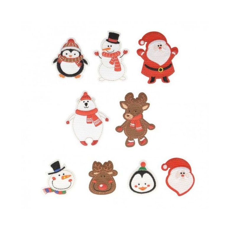 K&ouml;nnte beinhalten: Satz mit neun B&uuml;gelbildern zum Thema Weihnachten mit einem Schneemann, Pinguin, Rentier, Eisb&auml;r und Weihnachtsmann. Die Aufn&auml;her sind wei&szlig;, rot, braun und schwarz.