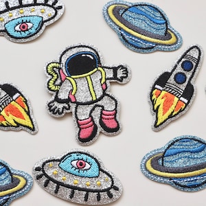 Iron on Embroidered Silver Glitter Patches -  Spaceman/Astronaut - Space Ship/Rocket - Planet - UFO - Appliqué Patches/Motifs/Badges
