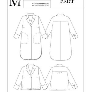 May include: A black and white line drawing of a sewing pattern for a long-sleeved shirt. The pattern is labelled "Ester" and "N°223031".