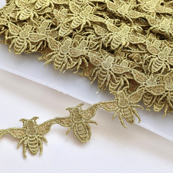 Metallic Bee Trim - Gold Embroidered Guipure Lace Trim - Bee Motif - 35mm Wide