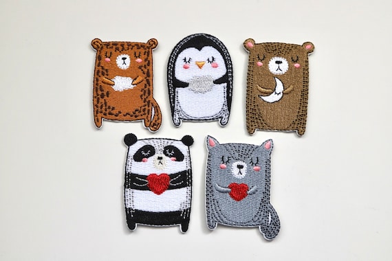 Cute Iron on Animal Patches - Bed Time Friends - Sleepy Pillow Animals - Bear, Penguin, Panda, Cat - Appliqué Motifs