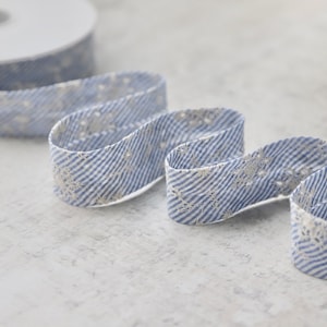 Striped Embroidered Bias Binding - Blue - 2.5cm wide - Sold by Metre - 100% Cotton