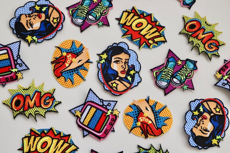 Pop Art Iron On Badges / Motif / Patchs Print with Embroidery Visage, Baskets, OMG, WOW, Voiture, TV, Stiletto image 1