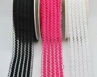 Pretty Elasticated Trim with Lacey Quality in Hot Pink, Black, White 5cm Wide