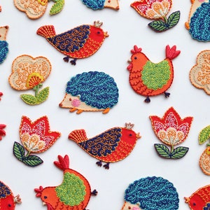 Naïve Folk Art Iron on Patches - Hedgehog, Tulip, Flower, Butterfly, Chicken, Bird - Embroidered Motifs for Kids and Crafts
