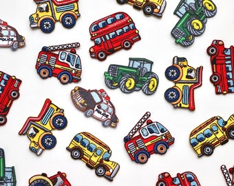 Transport Motifs - Red/Green Tractor, London Bus, School Bus, Fire Engine, Dumper Truck and Police Car - Iron On Embroidered Patches