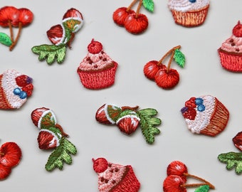 Mini Iron-on Motifs/Patches - High Quality Embroidered Patch - Cherry, Cupcake, Acorn, Blueberry