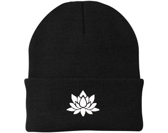 Flower Power: Lotus Embroidered Knit Cuff Style unisex Beanie Cap - one size fits All