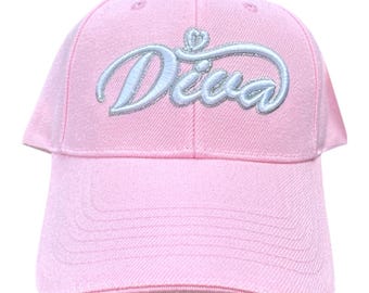 Pink Diva Hat Embroidered Script Logo Cap Adjustable Unisex Cotton Twill
