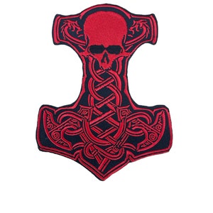 Embroidered Thor&#39;s Hammer Skull Patch: Viking Odin Iron-On Applique