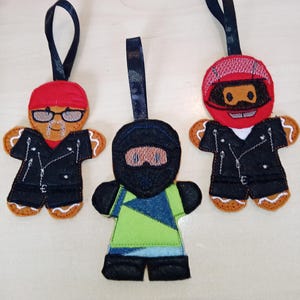 Gingerbread Motorcyclist, Biker with Bandana and Motorcross Rider Hanging Felt Ornaments