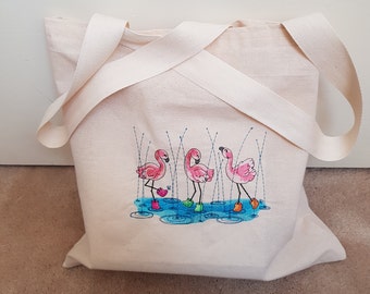 Embroidered Calico Tote Bag "Splish-Splash Flamingos"
