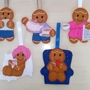 Relaxing Gingerbread Hanging Felt Ornaments, Relaxing Mum, Lazing Lady, Lady Pouring Tea, Relaxing in Armchair and Holding Coffee Mug