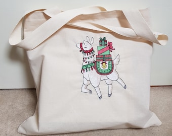 Embroidered Calico Tote Bag  "The Llama of Christmas Presents"