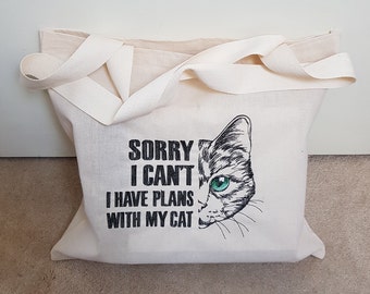 Embroidered Calico Tote Bag "Sorry I Can't I Have Plans With My Cat"