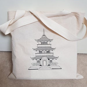 Japanese Pagoda Embroidered Calico Tote Bag