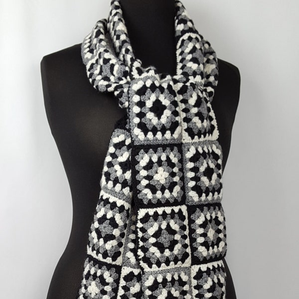 Crocheted afgan scarf, granny squares, wool handmade fancy modish trendy black white grey scarf with fringes, boho style, OOAK